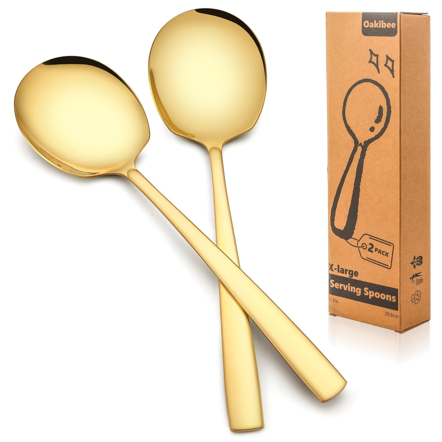 Extra Large Serving Spoons Set 11.7-Inch Gold Serving Utensils 18/8 Stainless Steel Big Metal Spoons for Buffet, Parties, Catering, Banquet - Dishwasher Safe (2-Pack, Gold)