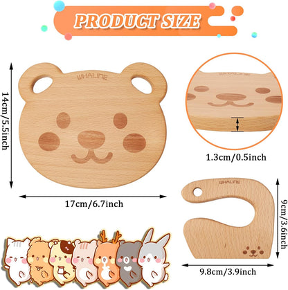 Cute Bear Wooden Cutting Board and Safe Wooden Kids Knife Set, Natural Thick Montessori Knife for Kids, 2Pcs