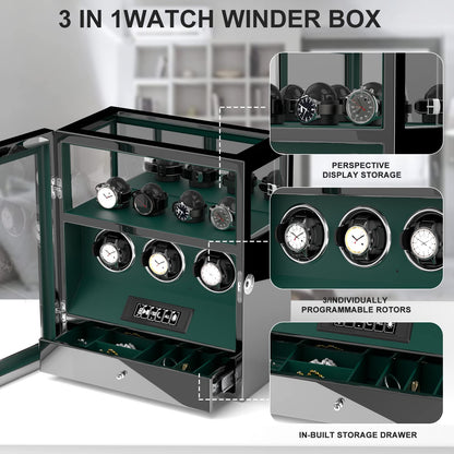 DUKWIN Watch Winder, Fingerprint Lock Automatic Watch Winder for 3 Watches with 4 Holders,300-2300 TPD,Digital Display, Remote Control,Jewelry Storage and Adjustable Watch Pillow and LED Light,Green