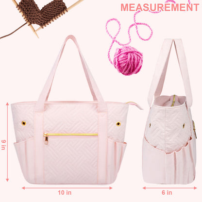 Veirdro Crochet Bag Organizer for Yarn Storage, Velvet Knitting Tote Bag with Double Handle for Crochet Accessories, Portable Travel Case for Yarn Balls, Crochet Hooks& Knitting Needles Holder (Pink)