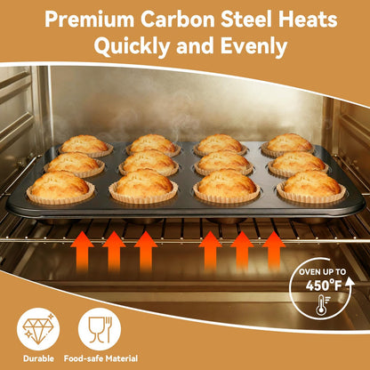 Artcochan 2 Pack Muffin Pan with 100 Cupcake Liners, 12 Cup Nonstick Cupcake Pan for Baking, Carbon Steel Baking Supplies Muffin Tin
