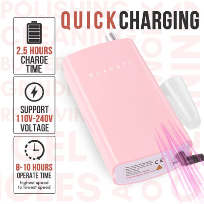 Makartt Nail Drill Professional: 60W 35000RPM Electric Nail File with Coreless Motor, 2 in 1 Desktop & Portable, Drill Bits and LCD Display for Acrylic Gel Nails, Nouvella Pink