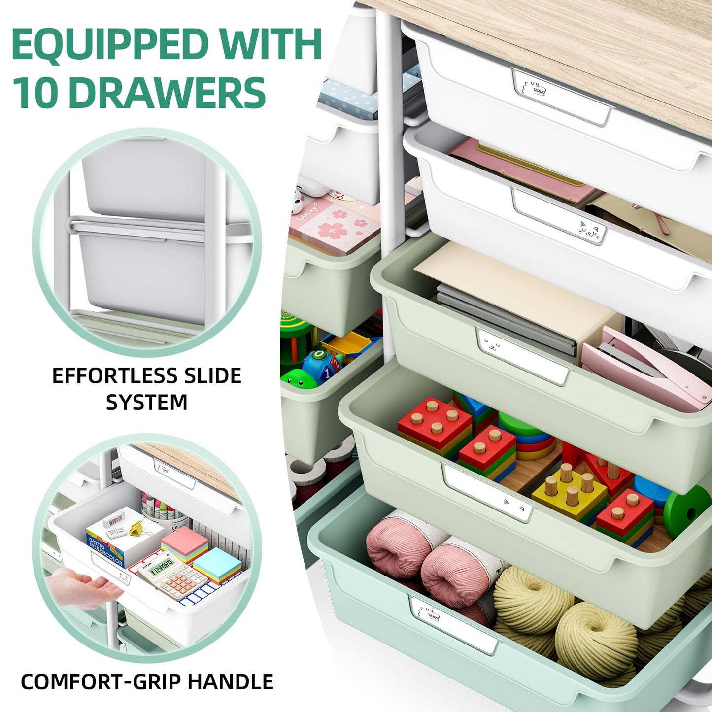 10 Drawers Rolling Cart with Wooden Tabletop, Utility Storage Cart with Wheels, Art Supply Craft Organizer on Wheel with Metal Frame & Handles for Home Office School,Green