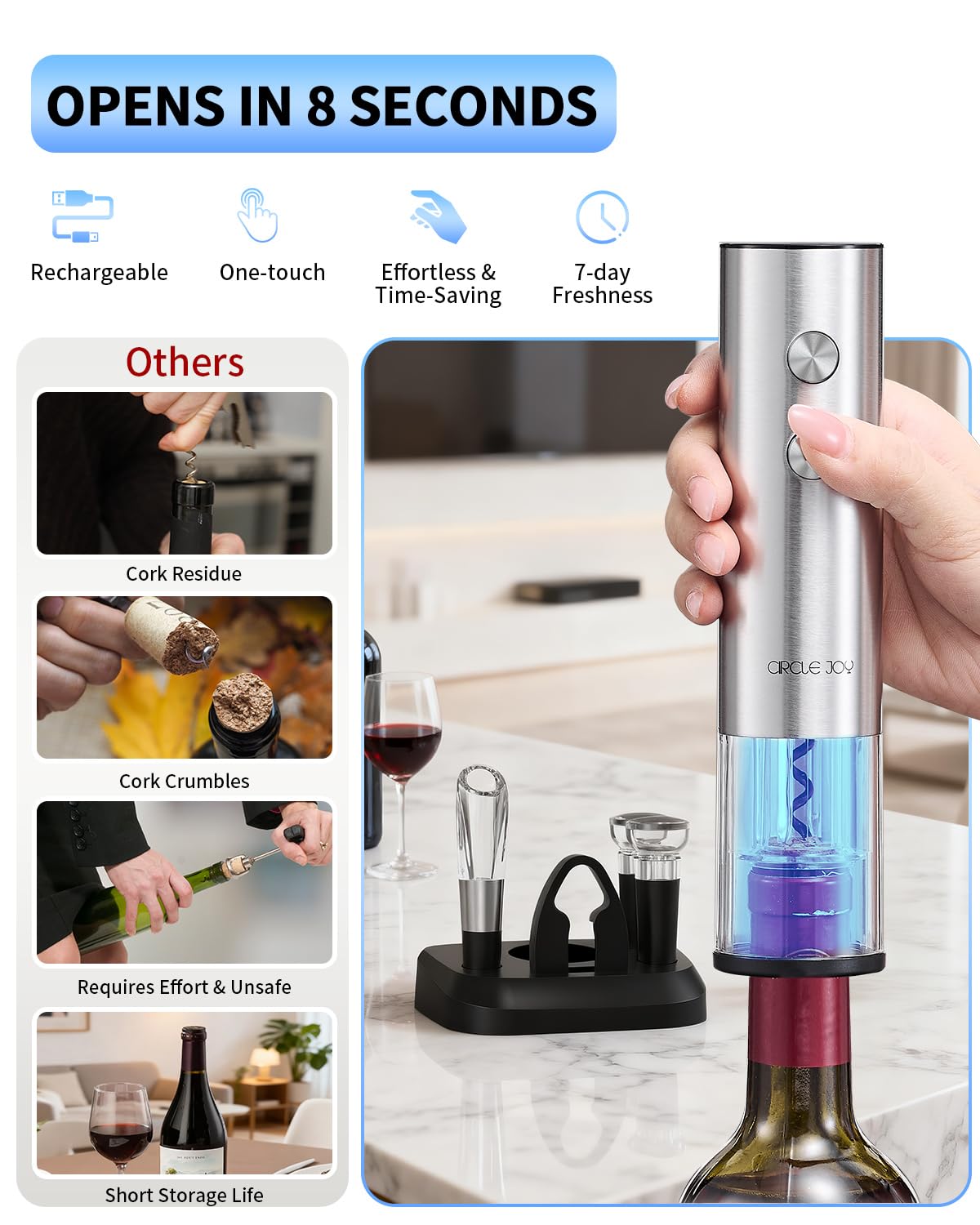 CIRCLE JOY Electric Wine Opener Stainless Steel Rechargeable Automatic Wine Bottle Opener Set 7-in-1 Wine Gifts for Wine Lovers with Charging Base, Foil Cutter, Wine Aerator Pourer & 2 Vacuum Stoppers