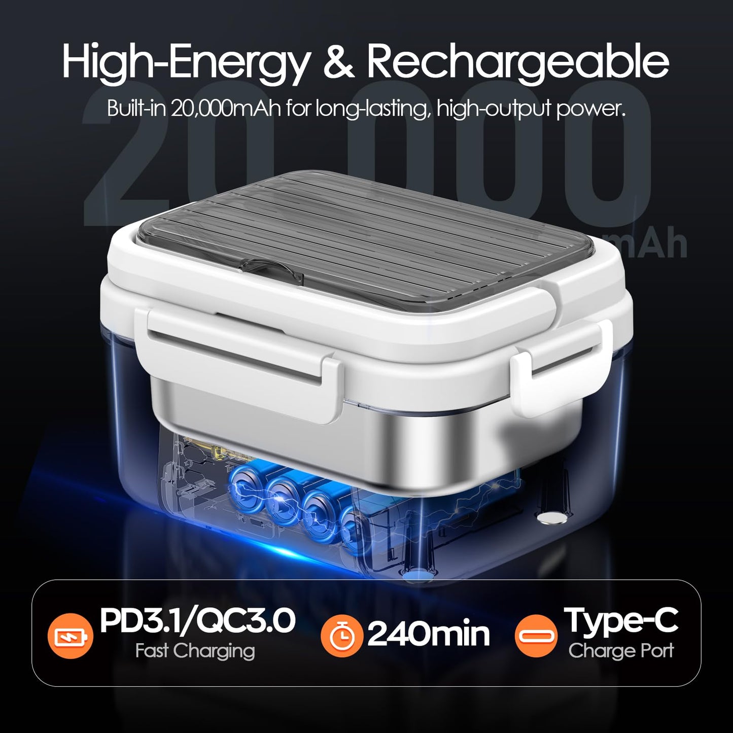 Odopok Cordless Electric Lunch Box, 6.3 Cup 100W Heated Lunch Box with 20000mAH Battery Powered for Self Heating, Including Fork Spoon and Insulated Bag for Men Women Adults, BPA Free(Black+White)