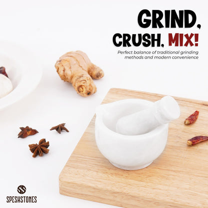 SPESHSTONES Marble Mortar and Pestle Set Handmade 3 Inch White Stone Pill Crusher Fine Powder - Spice Grinder Manual for Kitchen Decor, Herb Grinding Bowl & Small Garlic Crusher