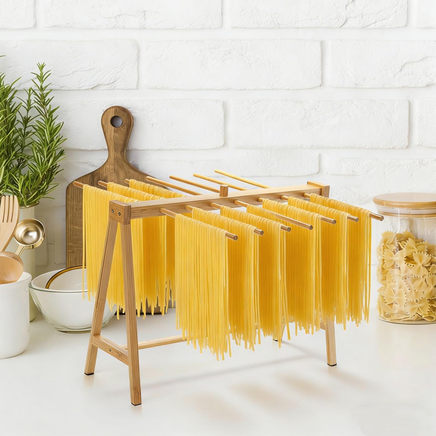 Pumtus Bamboo Pasta Drying Rack, 14-Bar Noodle Dryer Stand with Transfer Wand, Large Sturdy Spaghetti Lasagna Hanger, Stable Household Noodle Drying Rack for Pasta Linguine