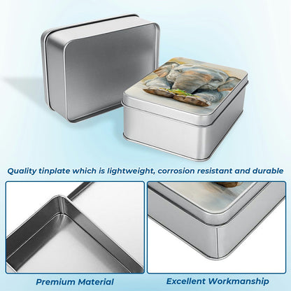 JNFBWULO Metal Tin Box with Lid, Rectangular Silver Metal Storage Container, 7.09"×4.33"×2.17" Gift Decorative Empty Box, Elephant Frog