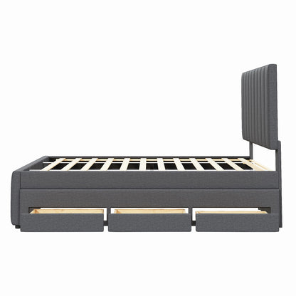Merax Full Size Upholstered Platform Bed with Trundle and 3 Storage Drawers, Full Bed Frame & Tall Stripe Headboard for Bedroom, Solid Wood Slats Support, No Box Spring Needed, Easy Assembly, Gray