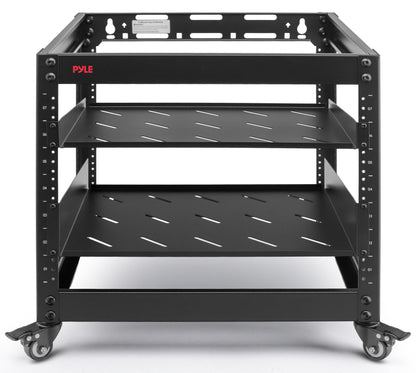 Pyle 10U Network Cabinet, Enclosed Network Rack with Lockable Door | Vented 1U and 2U Rack Shelves with 440 lb Capacity | Steel Construction, 19 in Standard Design | Hardware Included | Black
