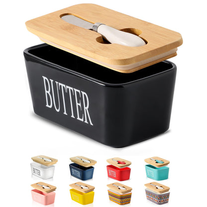 Hasense Butter Dish with Lid, Ceramic Butter Dish with Knife for Countertop, Airtight Covered Butter Keeper Container, Large Black Butter Holder for Refrigerator,Black