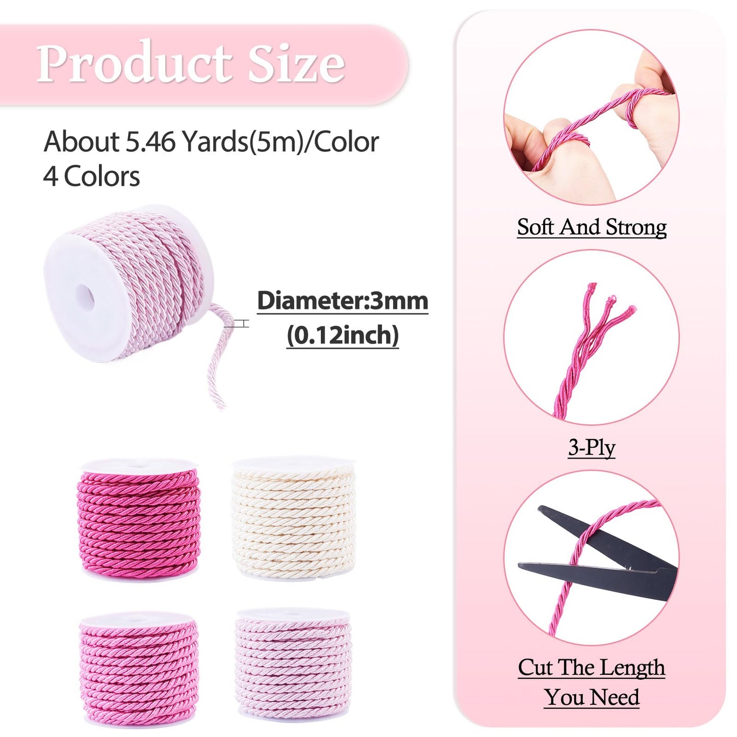 4 Rolls Polyester Twine Cords Trim 3mm 5.4yards Braided Macrame Cord Braided Twisted Silk Rope for Knitting Bag Wall Hangings Plant Hangers Handmade Macrame Supplies
