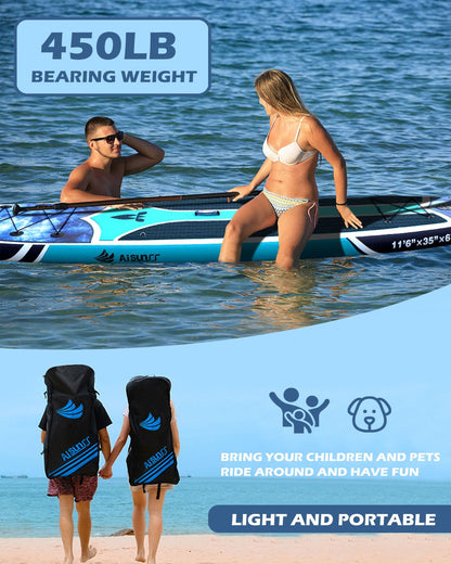 AISUNSS 11'6''x35'' Super Wide Inflatable Paddle Board, 450lb Capacity Premium Stable SUP Board for 2+1 People/Family w/100L Backpack, Dual-Action Pump, Safety Leash (Blue Sea)