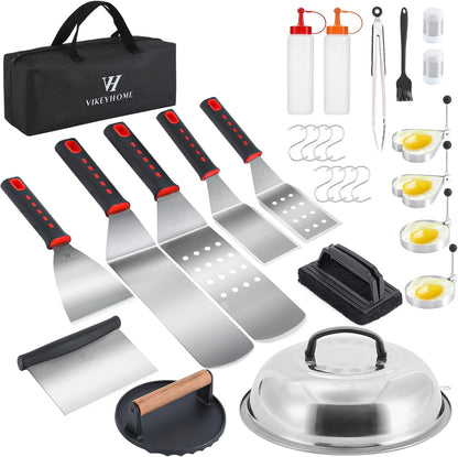 VIKEYHOME Griddle Accessories Kit - 28 Pcs Flat Top Grill Set with Spatula, Tongs & Egg Ring