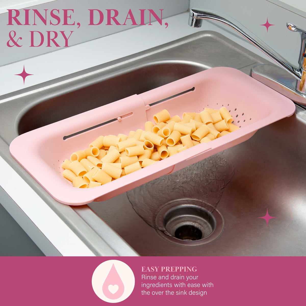 Paris Hilton Over the Sink Expandable Colander, Extendable Strainer, Adjustable from 14.5 inches to 19.5 inches, Fits most kitchen sinks, Made without BPA, Pink