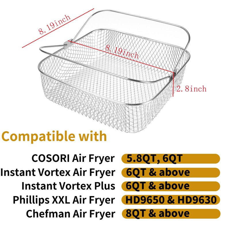 Square Air Fryer Basket for 5.8QT 6QT COSORI Air Fryer Accessories, 304 Stainless Steel Mesh Basket with Handle Replacement Accessory for 6QT Instant Vortex, Instant Vortex Plus, Phillips XXL