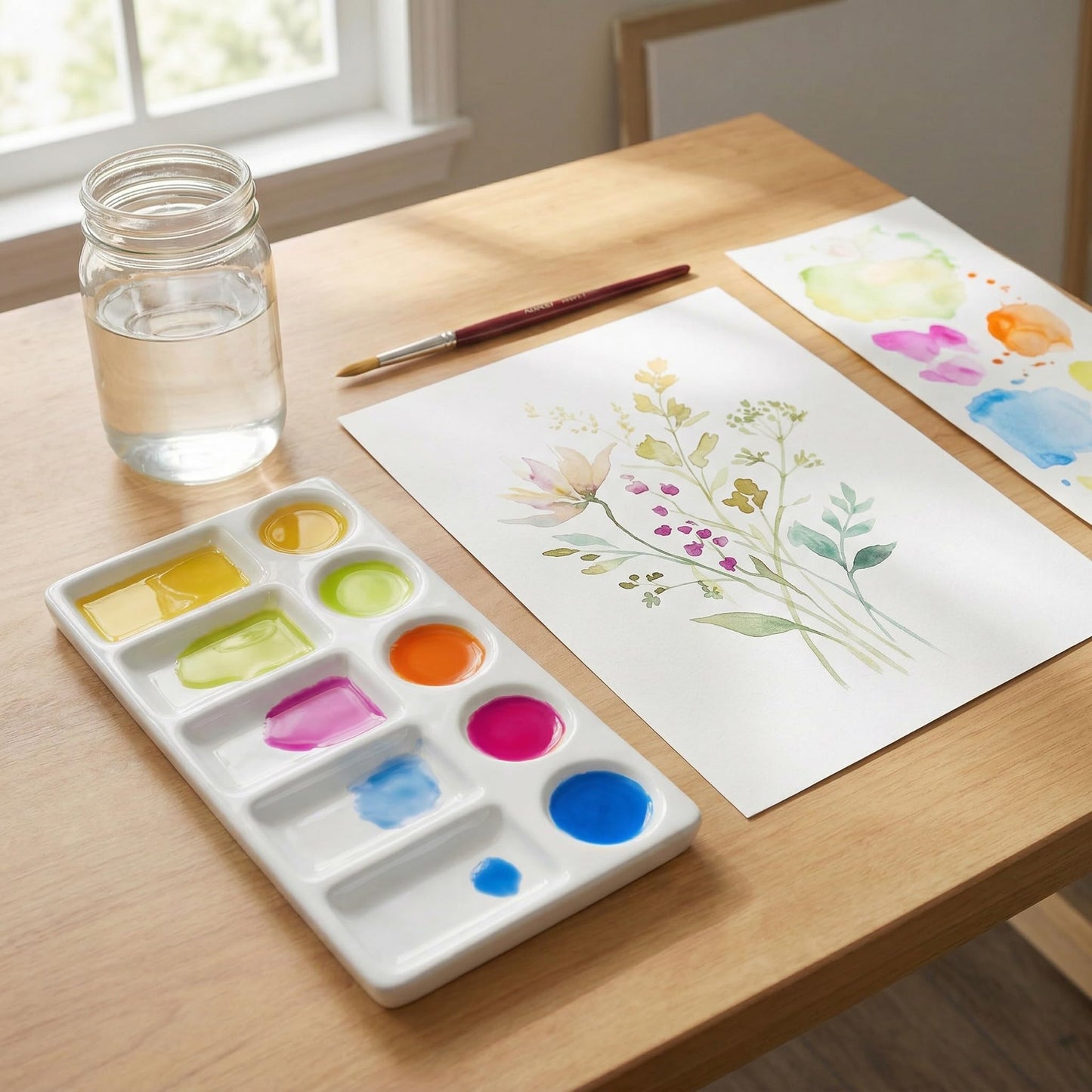 Jucoan 2 Pack 10-Well Ceramic Watercolor Paint Palette, 7-1/2 x 4-1/4 Inch Rectangle Porcelain Artist Paint Palette Mixing Tray for Watercolor, Gouache, Acrylic