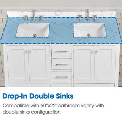EQLOO 60 Inch Engineered Stone Bathroom Vanity Sink Top, with Undermount Rectangular Double Sinks, Vanity Countertop with 8 inch Faucet Hole Spacing and Backsplash in Lightning White