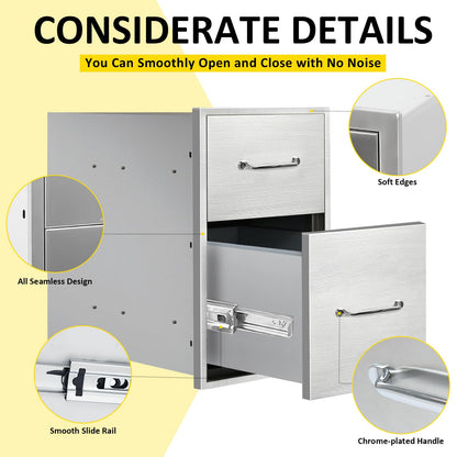 SGOLAN Outdoor Kitchen Drawers 14" W x 21" H x 21" D Flush Mount Double BBQ Drawers with Chrome Handle Stainless Steel Drawer for Outdoor Kitchen Island, Patio Grill Station
