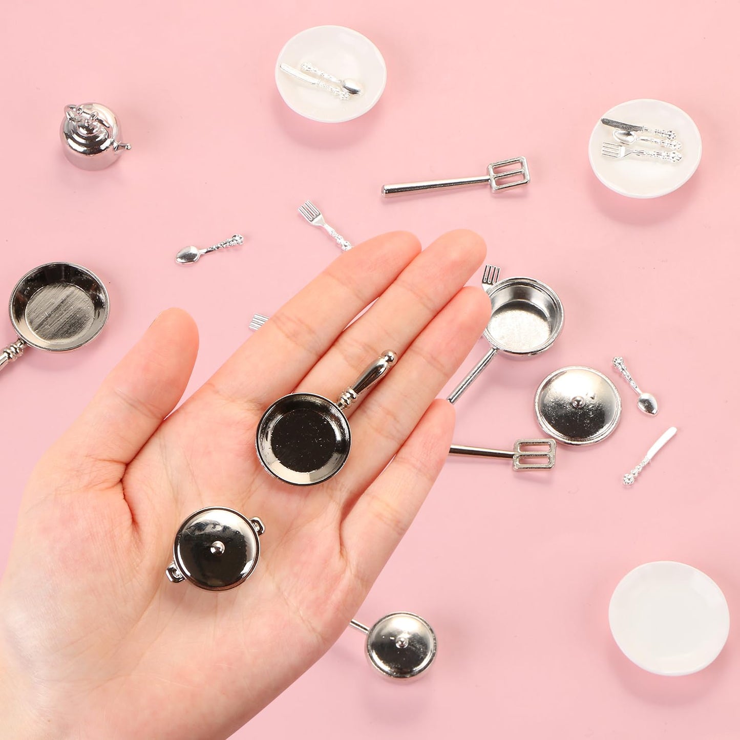 26 Pieces Dollhouse Miniatures Kitchen Set Metal Miniature Baking Set Include Mini Pots Mini Pans Plates Knife Fork Spoon for Dollhouse Party Decoration Supplies