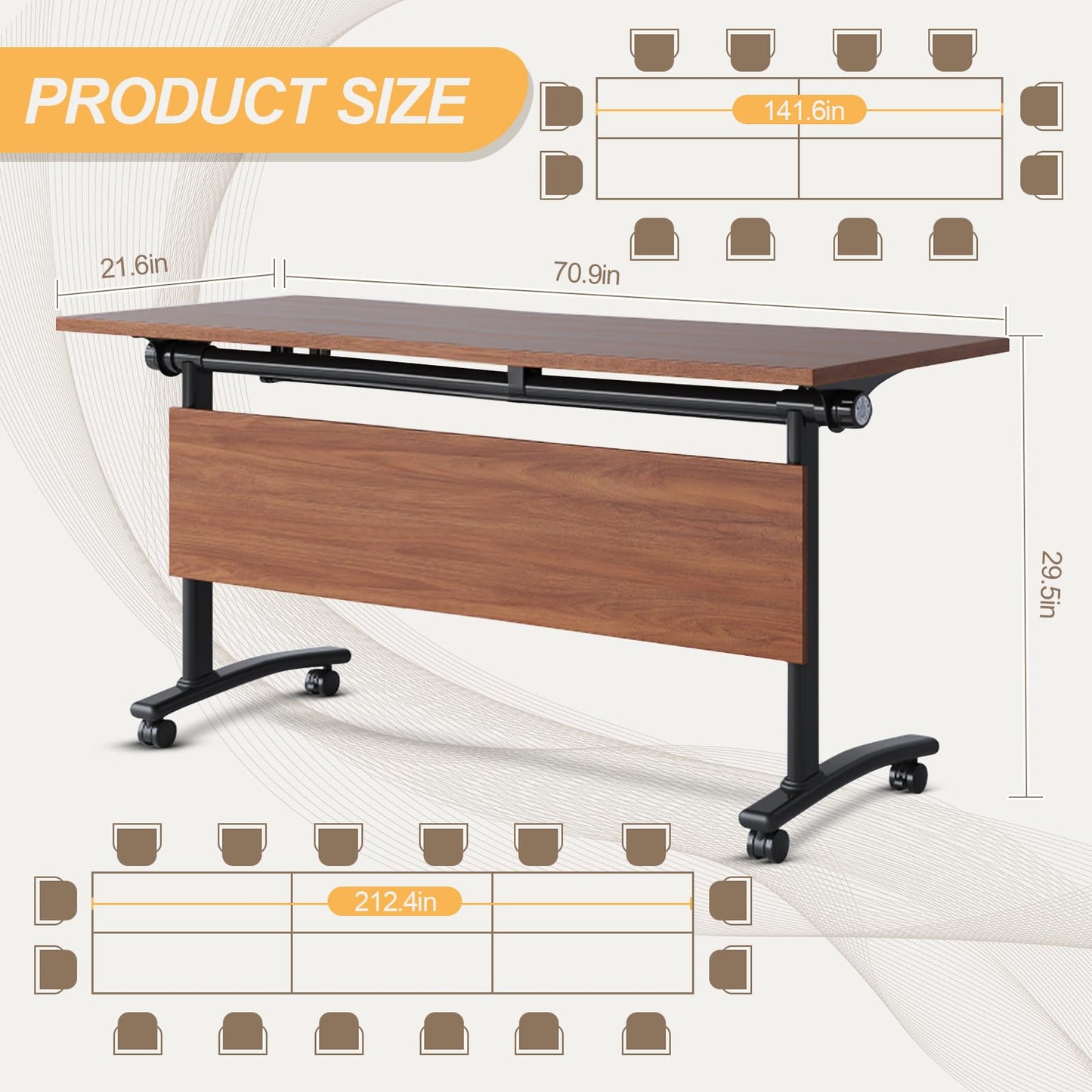 Modular Folding Conference Room Table with Wheels - 6 Pack Flip Top Mobile Training Table,Modern Meeting Tables 2-30 Person,Walnut,70.9"x21.6"x29.5"