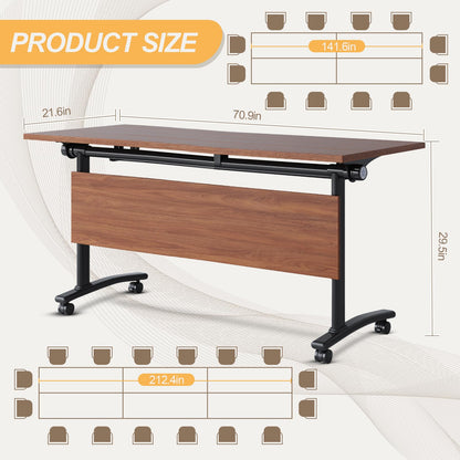 Modular Folding Conference Room Table with Wheels - 6 Pack Flip Top Mobile Training Table,Modern Meeting Tables 2-30 Person,Walnut,70.9"x21.6"x29.5"