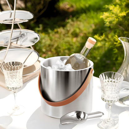 Bakpoco Double-Wall Vacuum Insulated Ice Bucket with Lid, Scoop, Ice Tong, Strainer & Leather Handle Keep Ice Frozen Longer Large Wine Ice Buckets for Cocktail Bar,Parties Chilling Beer Champagne 3L