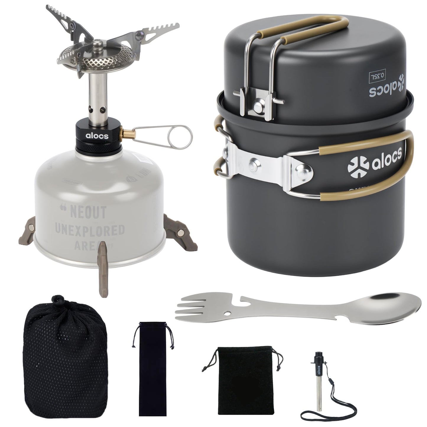 Alocs 9pcs Camping Cookware Kit, Non-Stick Lightweight Camping Pots with 3200w Stove, Igniter & Gas Canister Stand, 5-in-1 Utility Spork for Hiking, Solo Camping, Backpacking, Outdoor Cooking, Picnic