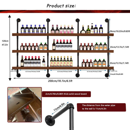 Dawselod 78.7in Large Wine Rack with LED Light Solid Wood Wall Mounted Wine Rack, 3-Tiers Liquor Bottles Floating Shelves Display Storage Organizer for Home Bar & Dining Room (200cm/78.7in)