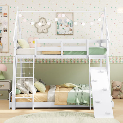 Giantex Twin Over Queen Bunk Bed, Wood House Bunk Bed for Kids with Climbing Nets and Ramp, Floor Queen Size Bunk Beds with Safety Guardrail, No Box Spring Needed, for Boys Girls Adults (White)