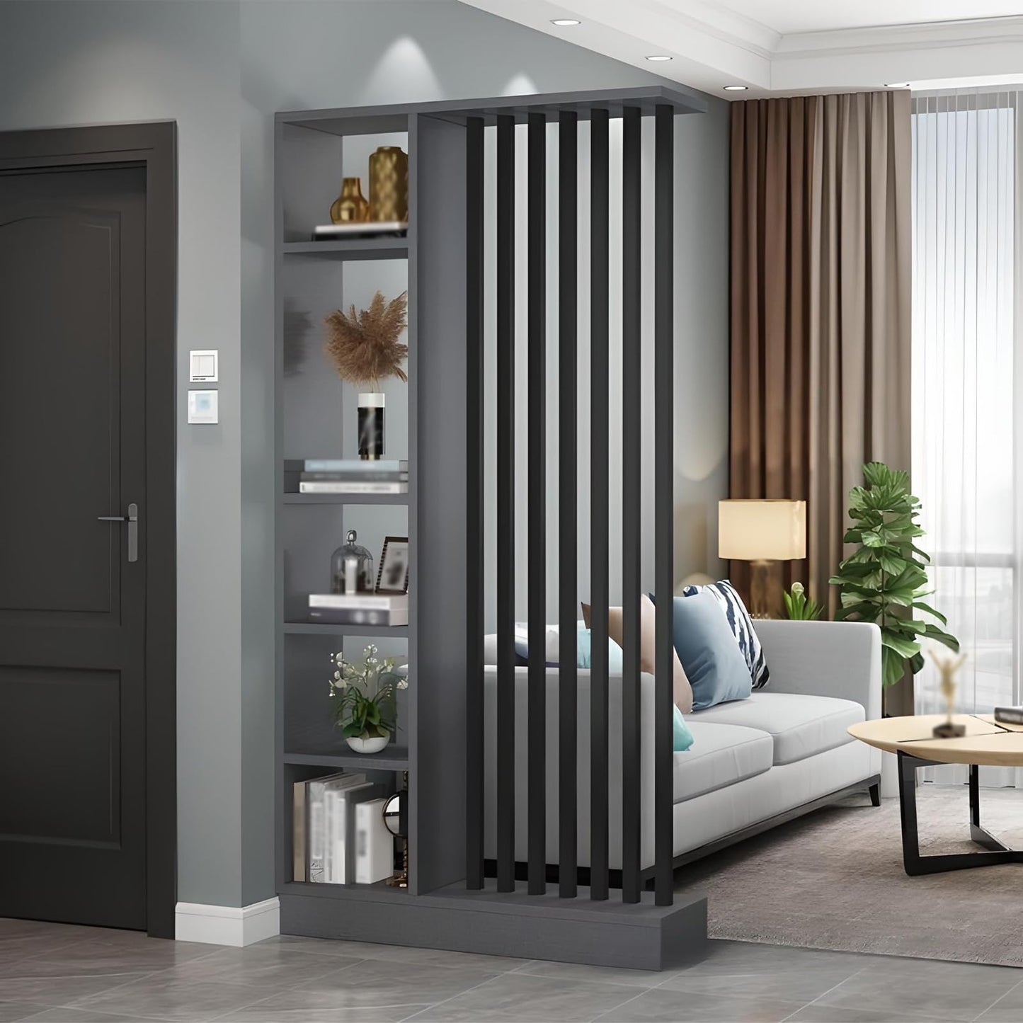 Wall Room Divider with Shelves, Entrance Hall Partition Screen Column Floor to Ceiling - Freestanding Room Divider with Storage Shelf, Freestanding Decor for Bedroom (A Gray + Black, 39.4in / 100cm)
