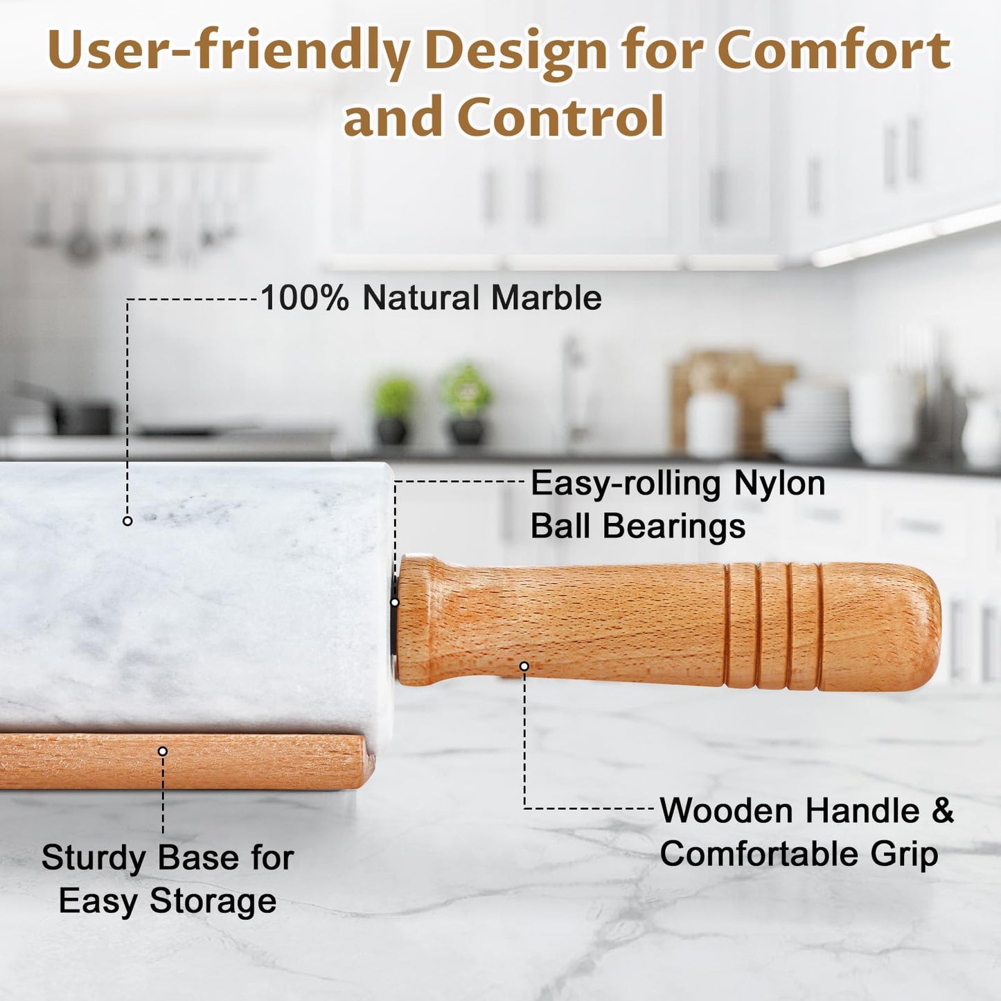 Gymdin Marble Rolling Pin - 18.9" Marble Rolling Pins for Baking, Pastry, Pizza Dough & More - Polished Non-Stick Surface, Long Dough Roller with Wooden Handles & Base