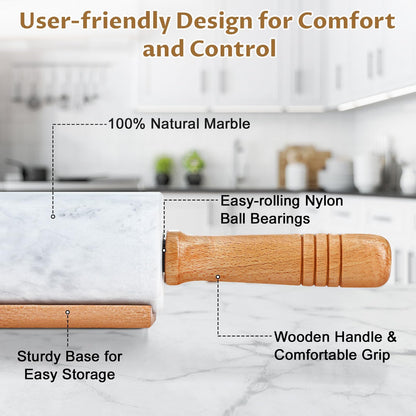 Gymdin Marble Rolling Pin - 18.9" Marble Rolling Pins for Baking, Pastry, Pizza Dough & More - Polished Non-Stick Surface, Long Dough Roller with Wooden Handles & Base