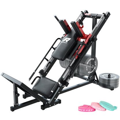 RitFit Leg Press Hack Squat Machine, Professional Adjustable Leg Press Machine for Home Gym with Linear Bearing, Full Lower Body Workout with Weight Storage (Red,with Pull up Band)