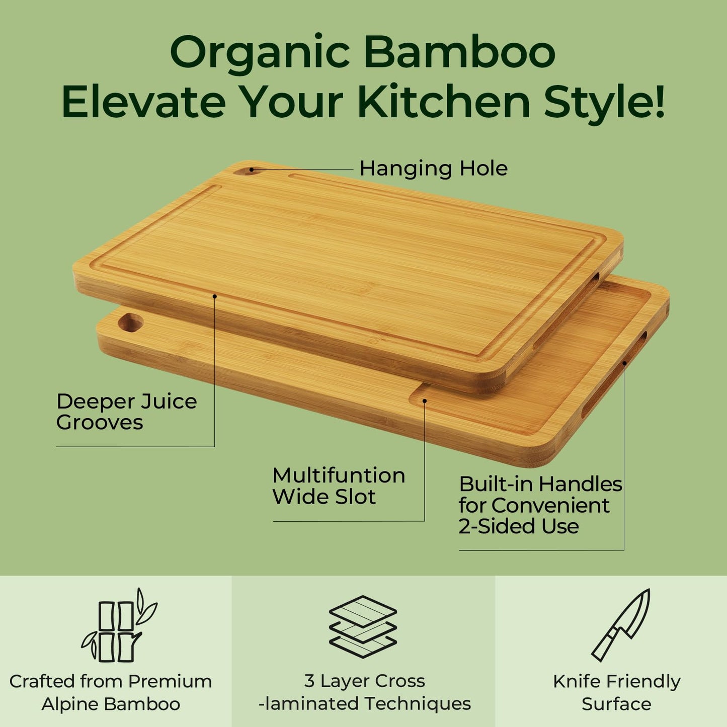 Keechee Wood Cutting Board for Kitchen - Reversible Bamboo Cutting Boards Gift Set of 3 with Juice Groove, Wooden Chopping Board for Meat, Fruit, Vegetables & Cheese (Pre Oiled, Natural)