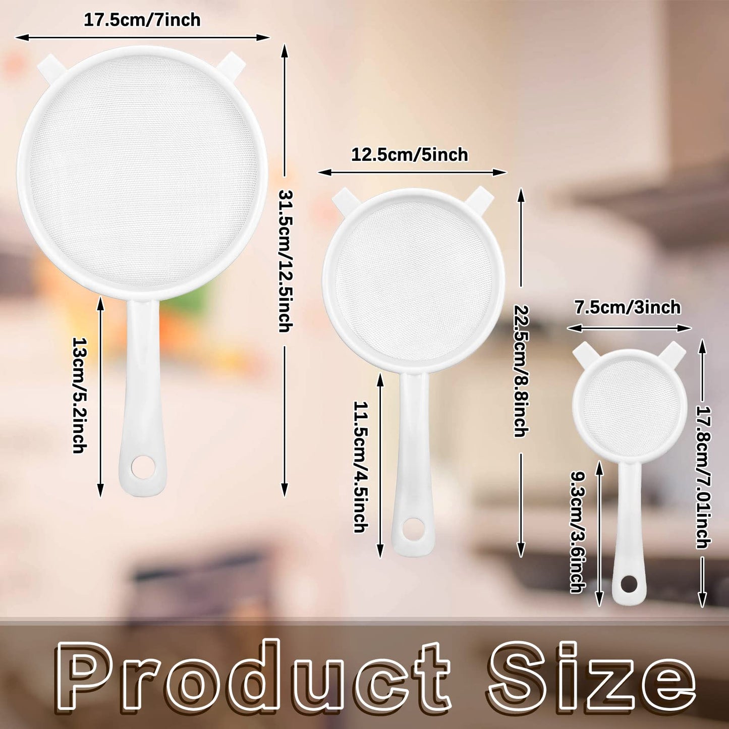 3 Pcs Plastic Nylon Mesh Strainer Colander with Handle Double Ear Fine Food Mesh Strainer Flour Sifter for Baking Kitchen Colander Sifter Kefir Tea Juice Pasta(3 Inch, 5 Inch, 7 Inch)