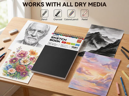 Soucolor 9" x 12" Sketch Book, 100 Sheets Top Spiral Bound Sketchbook with Acid-Free 68lb/100gsm Thick Drawing Paper, Art Sketch Pad for Kids, Adults & Artist, Professional Art Supplies for Beginners