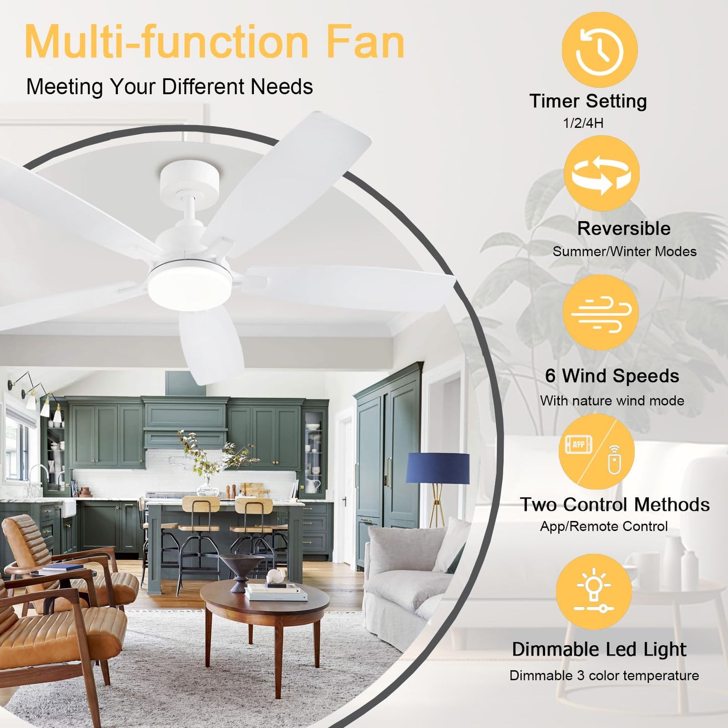 NKPU White Ceiling Fans with Lights, 52 Inch Low Profile Ceiling Fan with Light and Remote/App Control, Dual-Sided Blades, Reversible, 3CCT, Dimmable, Modern Ceiling Fan for Indoor/Outdoor Patios