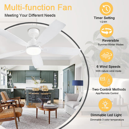 NKPU White Ceiling Fans with Lights, 52 Inch Low Profile Ceiling Fan with Light and Remote/App Control, Dual-Sided Blades, Reversible, 3CCT, Dimmable, Modern Ceiling Fan for Indoor/Outdoor Patios