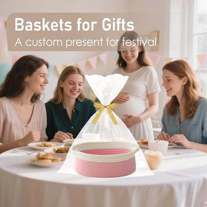 JMvicyroam Woven Basket - Small Rope Storage Bin with Handles & Ribbon Bag | White & Pink, 2-Pack for Organizing Shelves and Closets