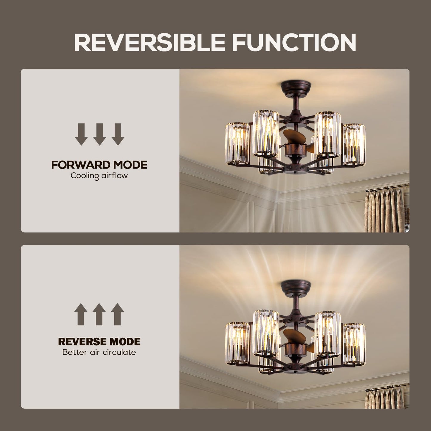 MOOONICHE 27" Crystal Chandelier Ceiling Fan 6-Light Vintage Flush Mounted Fandelier Reddish Brown Ceiling Fans with Lights and Remote for Bedroom Dining Living Room Kitchen Farmhouse Entry