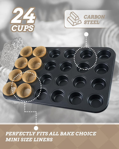 Bake Choice Mini Muffin Pan includes 200 Natural Cupcake Liners, Mini Cupcake Pans Nonstick 24 Cup, Muffin Tin, Carbon Steel Baking Supplies