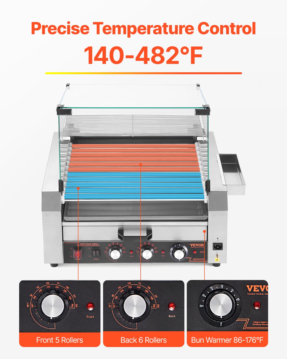VEVOR Hot Dog Roller, 30 Hot Dog 11 Rollers, Stainless Steel Sausage Grill Cooker, 1950W Hot Dog Machine with Bun Warmer, Cover, 3 Temp Control, Side Storage Box, Oil Drip Tray, for Home & Commercial