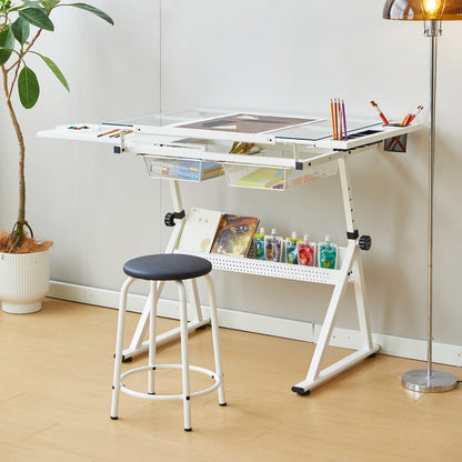 Garvee Drafting Table w/Stool, Height Adjustable Drawing Table, Multifunctional Art Craft Paintings Work Station w/2 Storage Drawers, 0-75° Tilting Glass Tabletop for Home Office, White