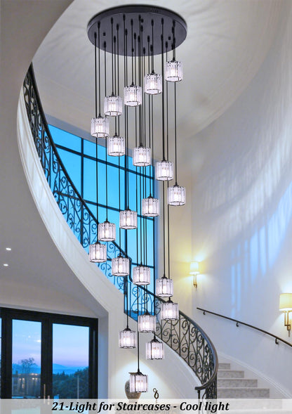 Meimond Long Chandeliers for High Ceilings,Modern Crystal Pendant Light,Raindrop Drop Lamp,Hanging Flush Mount Lighting Fixtures for Spiral Staircase,Foyer,Entryway,Living Room,Black (21 Lights)