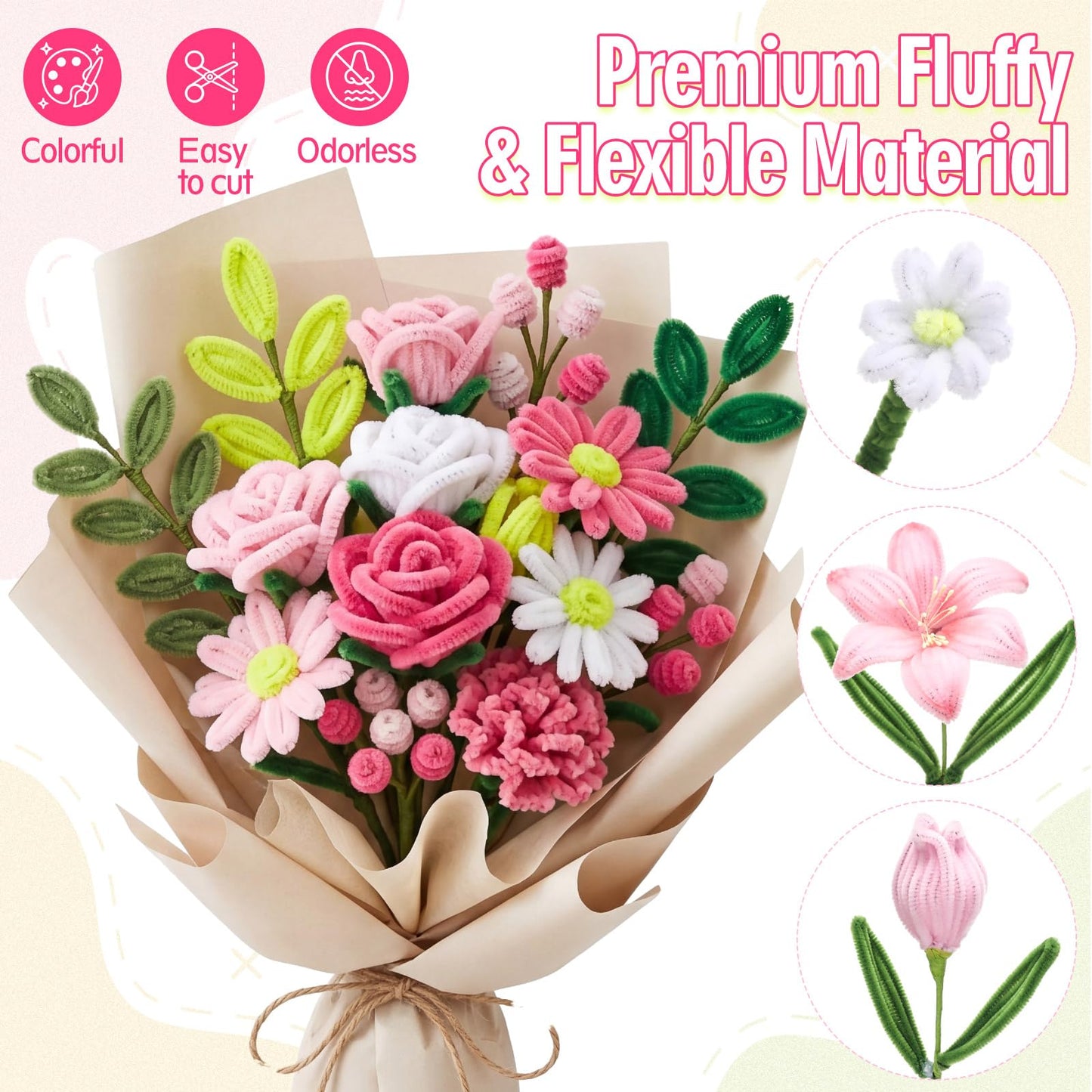 Rivvlive Pipe Cleaner Flower Kit, 1500 Pcs Pipe Cleaners Craft Chenille Stems Bulk with Floral Wires DIY Bouquets Gardening Tape Stamen Ribbon Beads for Art Craft Supplies Gift(Pink Set)