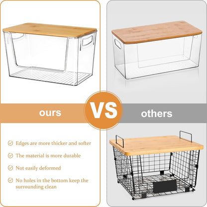 Pantry Organizers Storage, 2 Pack Large Capacity Clear Storage Bins with Bamboo Lids for Onion, Potato, Garlic, Canned Food, Under Sink Organizer Kitchen Countertop Organizer