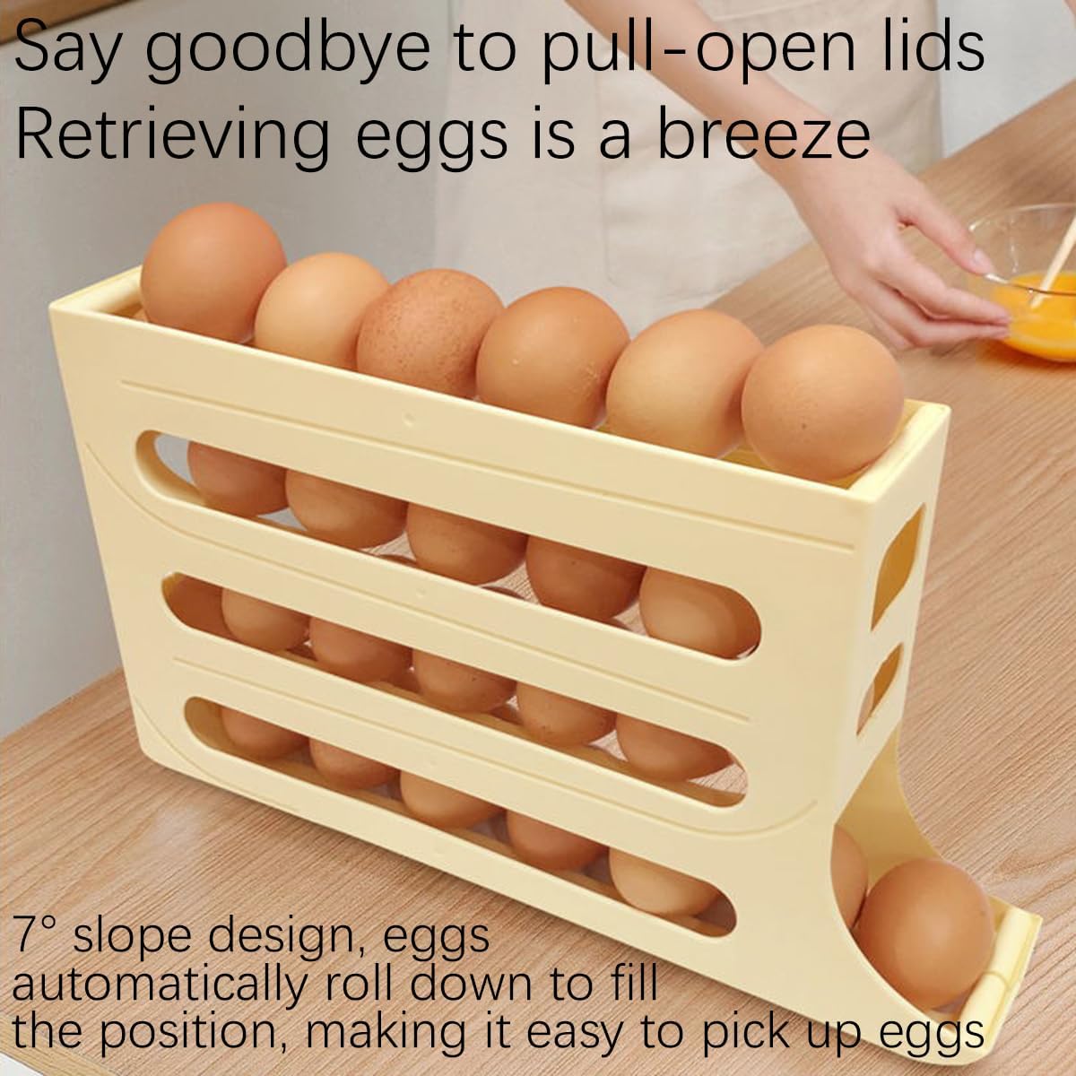4 Tiers Egg Trays, Egg Holder for Fridge, Auto Rolling Organizer, Space-Saving 30 Large Capacity Egg Dispenser for