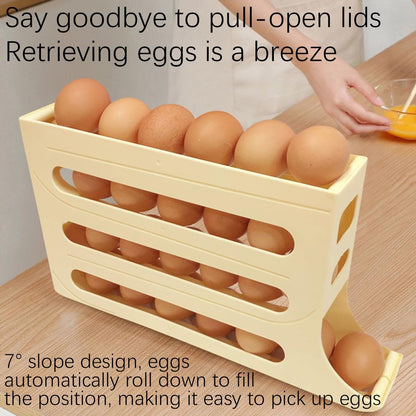 4 Tiers Egg Trays, Egg Holder for Fridge, Auto Rolling Organizer, Space-Saving 30 Large Capacity Egg Dispenser for