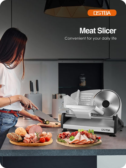 Meat Slicer 200W Electric Deli Food Slicer with 2 Removable 7.5" Stainless Steel Blade, Adjustable Thickness for Home Use, Child Lock Protection, Easy to Clean, Cuts Meat, Bread and Cheese